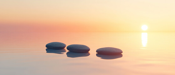 Zen path of stones on sunset in widescreen， Generative AI