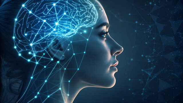 Digital human head with glowing neural network lines symbolizing artificial intelligence and deep learning technology