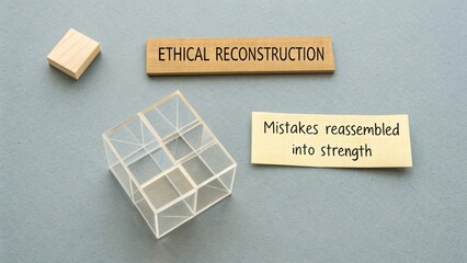 Ethical Reconstruction Concept with Transparent Cube and Inspirational Notes on a Gray Background