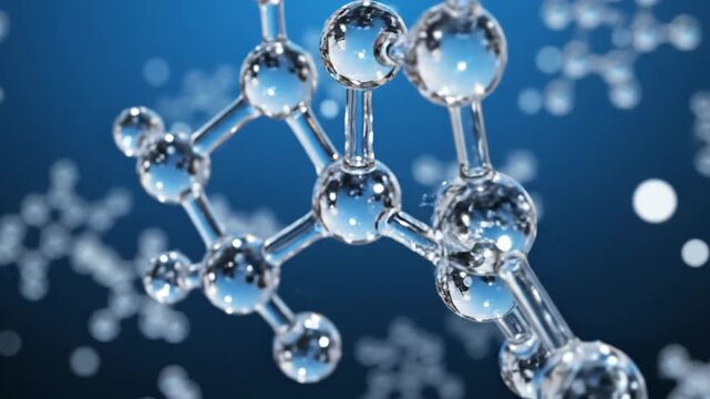 Scientific visualization of ATP molecular structure, chemical compound model on blue background representing science and technology