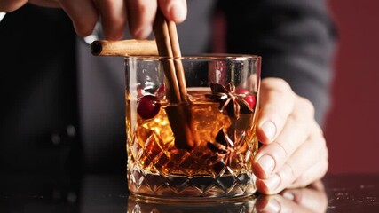 Bartender preparing whiskey cocktail with cinnamon and cranberries. Close-up of mixologist garnishing festive old fashioned drink in crystal glass - Powered by Adobe