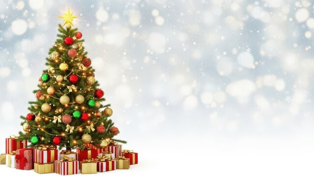 Festive christmas tree with gifts and sparkling bokeh background