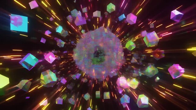 躍動するポリゴンが煌めきながら再構成されるエネルギッシュな抽象表現