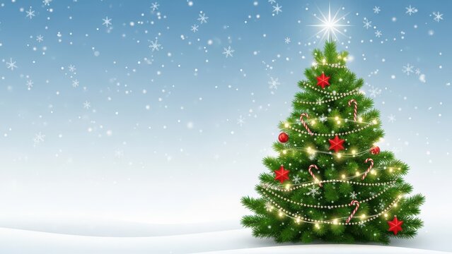 Festive christmas tree in a snowy winter landscape with falling snow