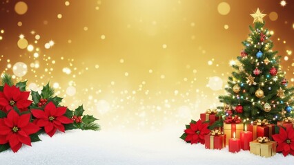 Golden christmas holiday scene with decorated tree and gifts