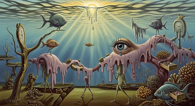 Surreal Underwater Dreamscape with Melting Clocks and Floating Eyes.