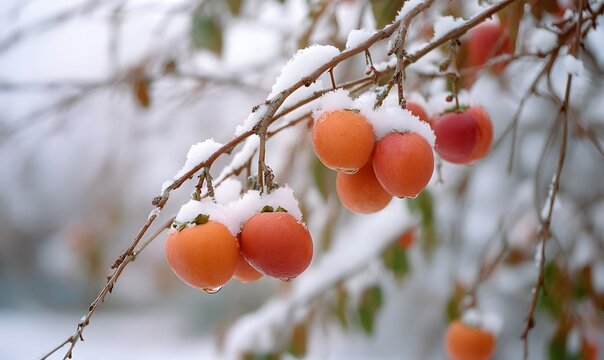 Snowflakes are falling heavily, and the persimmon trees are laden with fruit. In the icy weather, the trees appear exceptionally resilient, with plump and enticing persimmons