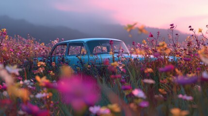 Vintage blue car abandoned in a vibrant wildflower field at magical sunset, evoking nostalgia and natural reclaim of time