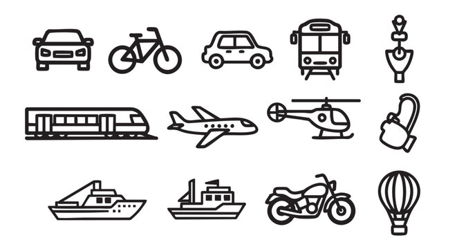Line Icons of Transportation Means on White Background Minimalist Style