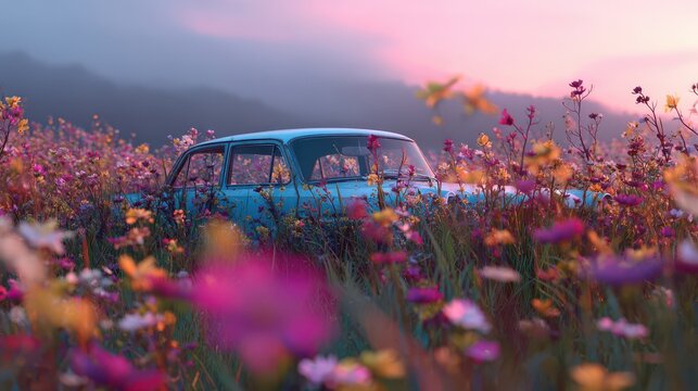 Fototapeta Vintage blue car abandoned in a vibrant wildflower field at magical sunset, evoking nostalgia and natural reclaim of time