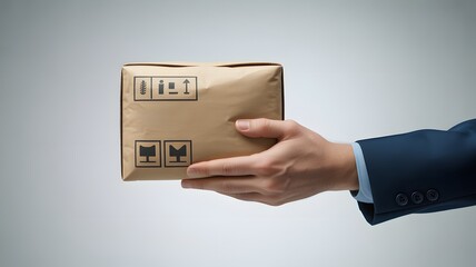 Professional hand delivering cardboard package with care instructions for safe shipping and handling, ensuring secure delivery for your business needs