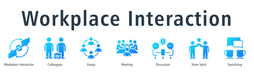 Fototapeta premium Workplace Interaction web banner icon vector illustration concept with icon of workplace interaction, colleagues, group, meeting, discussion, team spirit, and socializing.