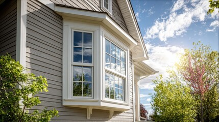 Modern home exterior with gray siding and a prominent bay window reflecting blue sky and lush green trees.
