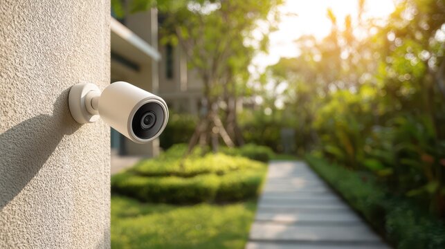 Modern white security camera mounted on an outdoor wall, providing surveillance for a residential garden property