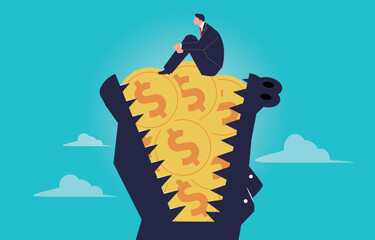 Failed investments or business losses, debt or loan problems, financial scams, desperate businessmen sitting on gold coins eaten by crocodiles