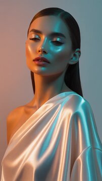 Editorial fashion portrait of a model wearing pearlescent silk with a subtle reflective sheen, soft studio lighting, clean gradients, modern couture styling, minimalistic background.