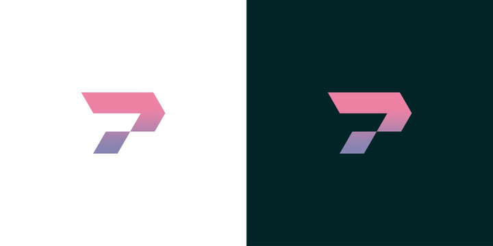 Abstract gradient letter P logo design, modern geometric shapes with vibrant pink and purple colors on white and dark backgrounds