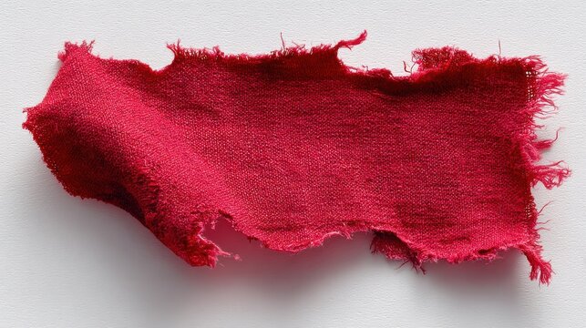 Textured deep crimson fabric piece, roughly torn with frayed edges, showcasing distressed material on white.