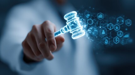 Digital justice concept: a glowing virtual gavel and interconnected legal technology icons represent modern law.