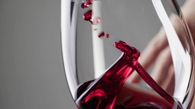 Hand holding a wine glass, swirling crimson red wine in various stages of movement and splashing to aerate and enhance the aroma and flavor for a sensory tasting experience