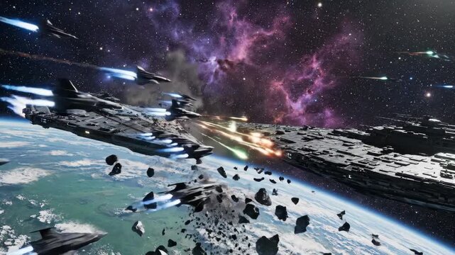 Epic space battle with futuristic warships in orbit of planet. Science fiction conflict with explosions and laser fire in nebula