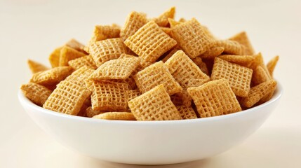 Delicious golden crispy square cereal pieces filling a white bowl, ready for a wholesome breakfast or healthy snack food.