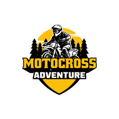 Hand Drawn Motorcross Adventure Club Logo Badge. Dynamic black silhouette vector logo of motocross rider jumping dirt bike with dramatic dirt spray action