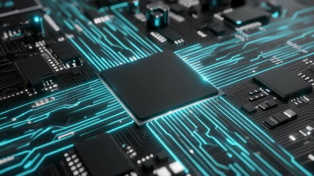 輝く回路が走るCPU表面のエネルギーフロー表現