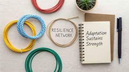 Creative Workspace Arrangement Featuring Colorful Cables, Notepad, Plant, and Inspirational Phrase on Light Background