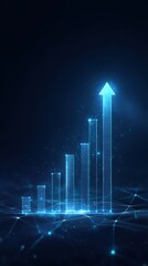 Digital business growth chart with glowing blue bars and an upward arrow symbolizing financial progress and success.