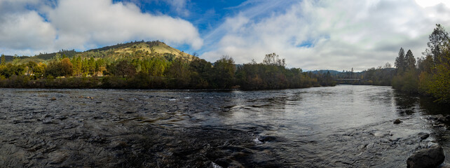 Panorama of the American River in Coloma California with Fog Starting to Burn Off 