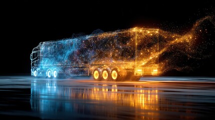 Futuristic data truck hologram on reflective surface symbolizing digital logistics and smart transportation innovation.