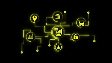 A vibrant cyan neon artwork showcases interconnected business elements like location, partnership, shopping, teamwork, and growth, all set against...