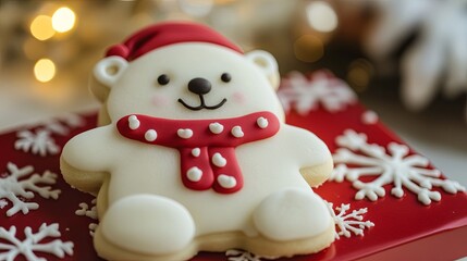 Fototapeta premium Cute polar bear cookie in festive packaging .