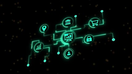 A vibrant cyan neon artwork showcases business elements like location, partnership, shopping, security, teamwork, and growth, all set against...