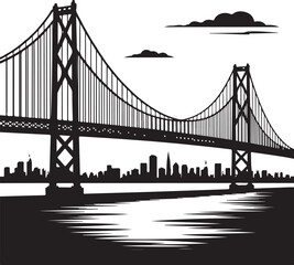 Obraz premium 1. Iconic City Bridge Silhouette on Pure White Background 2. Minimal Black Bridge Outline Vector for Architecture Design 3. Suspension Bridge Silhouette Illustration — Clean Black Shape 4. Vintage St