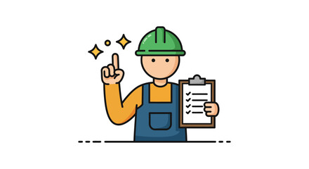 Construction worker with checklist pointing up ensuring safety compliance on a project site ideal for training manuals and construction safety regulations.