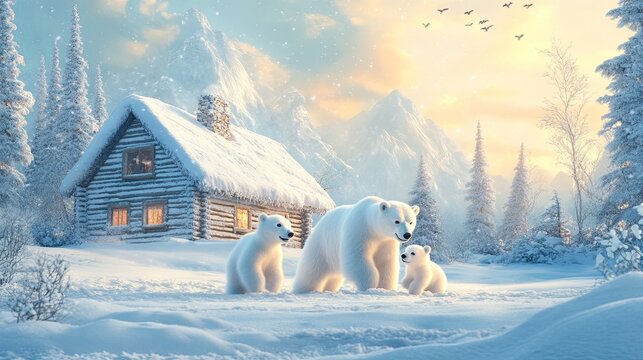 A polar bear family playing in the snow with a backdrop of a cozy, snow-covered cabin. .