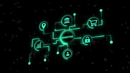 A cyan neon illustration of a marketing network with icons representing location, handshake, cart, lock, group.Animation.