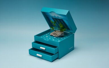 Teal jewelry box with plant and stone on snowflake patterned tray