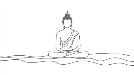Elegant line art illustration of meditating buddha, in horizontal layout banner with copy space, generative ai
