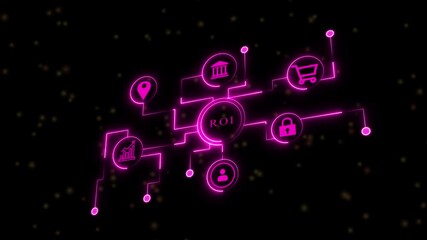 Return on financial growth,concept with glowing neon icons on black background return on investment, business, finance, and marketing strategy increase profits and maximize.Animation.