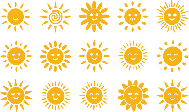 A grid of fifteen cheerful yellow sun icons with smiling faces and diverse ray designs