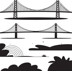 Obraz premium 1. Iconic City Bridge Silhouette on Pure White Background 2. Minimal Black Bridge Outline Vector for Architecture Design 3. Suspension Bridge Silhouette Illustration — Clean Black Shape 4. Vintage St