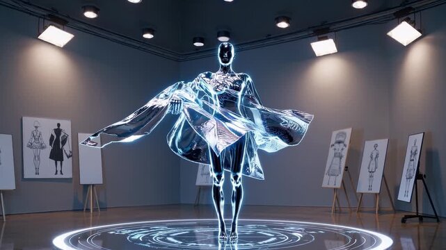 Virtual mannequin on a glowing platform showcasing a transparent, flowing digital garment in a modern studio with holographic screens and sketched design elements