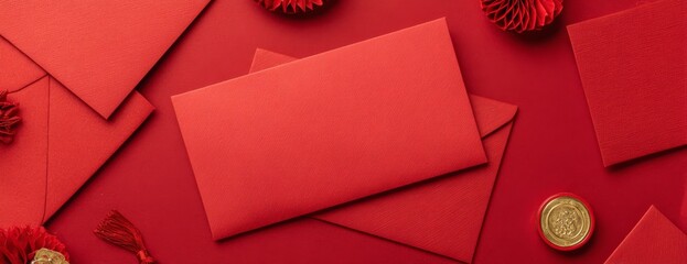 Red envelopes and decorations on red background for Chinese New Year