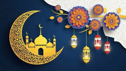 Islamic ramadan kareem ornate mosque crescent lanterns flowers festival