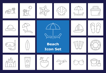 Outline Beach and Summer Holiday Line Icons. Thin Stroke Vectors of Vacation Gear, Sunscreen, Surfing, Scuba, and Ocean Leisure.