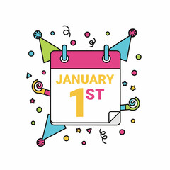 New Years Day celebration icon with January 1st calendar page and party decorations.