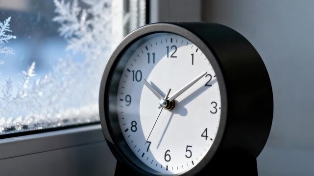 minimalist clock near frosty window with weak winter sunlight, clean commercial composition, symbolizing longest night, perfect for winter solstice